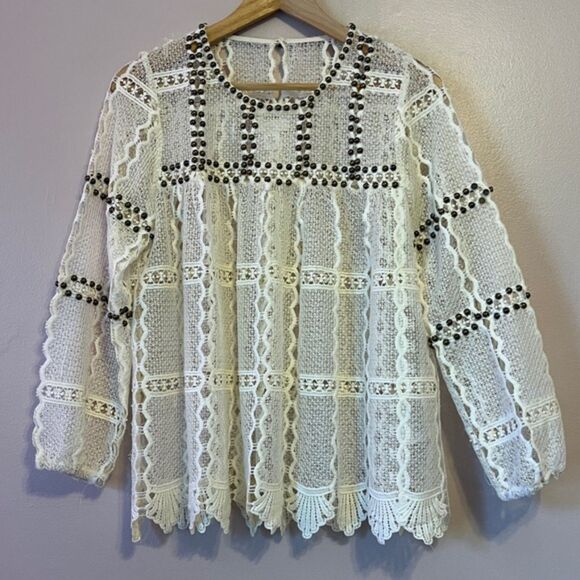 Anthropologie Maeve Auralis Studded Lace Sheer Top Boho Fairy Retro Ivory Small - Picture 2 of 11